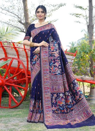 Blue Pure Silk Contemporary Saree with