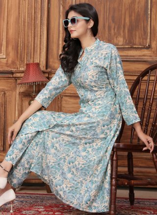 Blue Rayon Buttons and Floral Patch Work Party Wear Kurti