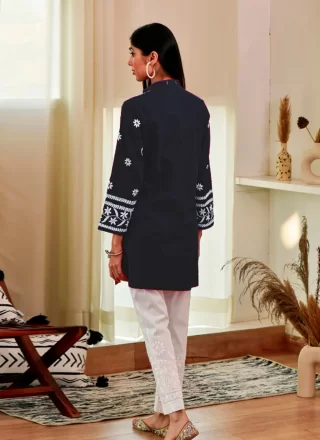 Blue Rayon Chikankari and Embroidered Work Casual Kurti for Women