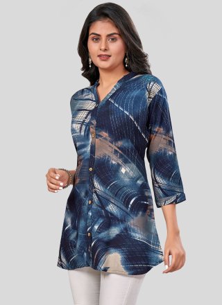 Blue Rayon Designer Kurti with Print Work