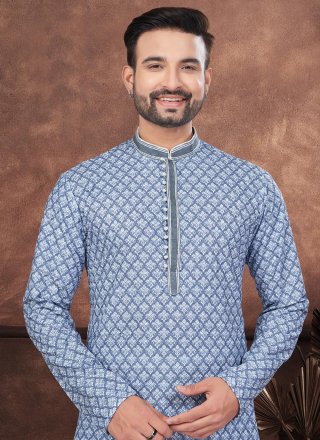 Blue Rayon Digital Print and Embroidered Work Kurta Pyjama