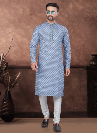 Blue Rayon Digital Print and Embroidered Work Kurta Pyjama