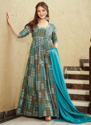 Blue Rayon Digital Print Work Designer Gown for Ceremonial