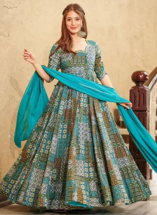 Blue Rayon Digital Print Work Designer Gown for Ceremonial