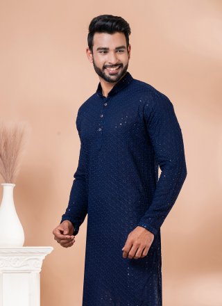Blue Rayon Embroidered and Sequins Work Kurta Mens Wear for Casual