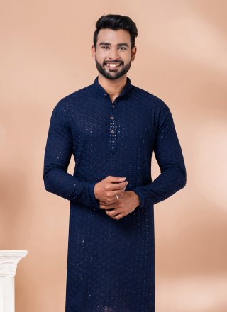 Blue Rayon Embroidered and Sequins Work Kurta Mens Wear for Casual