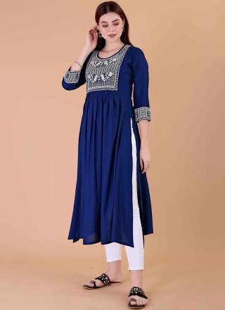 Blue Rayon Embroidered Work Casual Kurti