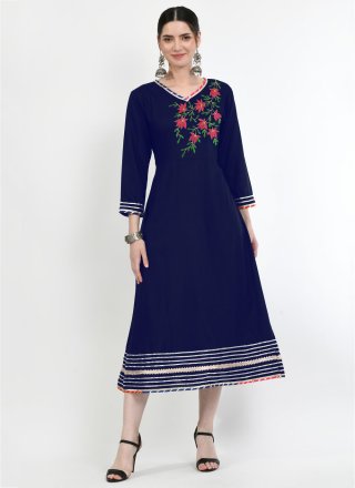 Blue Rayon Embroidered Work Casual Kurti for Ceremonial