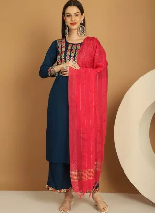Blue Rayon Embroidered Work Readymade Salwar Suit for Casual