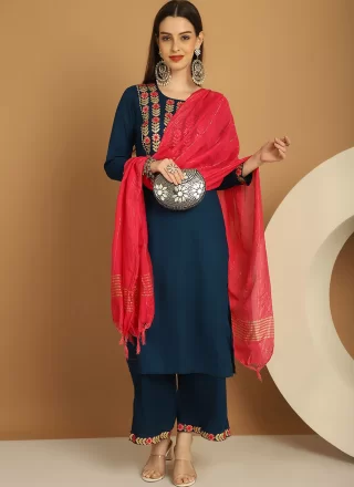 Blue Rayon Embroidered Work Readymade Salwar Suit for Casual