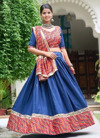 Blue Rayon Foil Print, Lace and Mirror Work Readymade Lehenga Choli for Festival