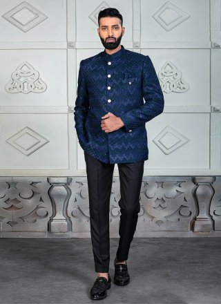 Blue Rayon Jodhpuri Suit with Jacquard Work for Men