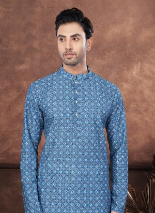 Blue Rayon Kurta Mens Wear with Digital Print and Embroidered Work