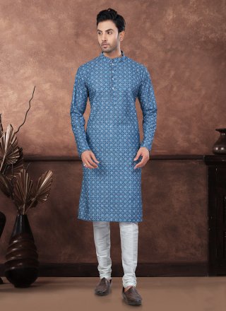 Blue Rayon Kurta Mens Wear with Digital Print and Embroidered Work