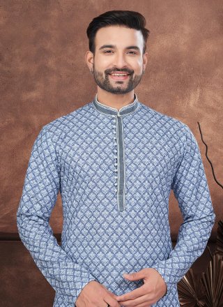 Blue Rayon Kurta Mens Wear with Digital Print and Embroidered Work for Casual