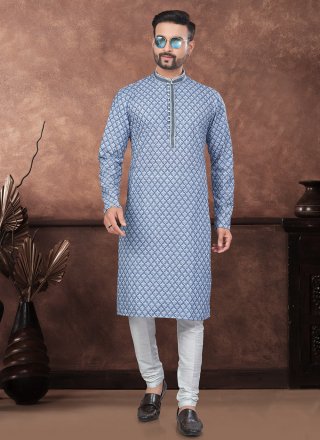 Blue Rayon Kurta Mens Wear with Digital Print and Embroidered Work for Casual
