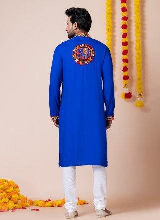 Blue Rayon Lace, Machine Embroidery and Patch Border Work Kurta Pyjama for Festival