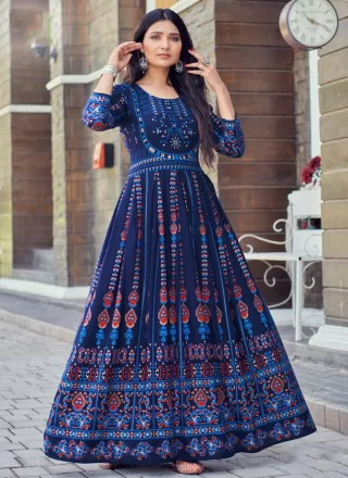 Trending Blue Readymade Style Pure Chiffon Cut Work Gown and Blue Readymade Style Pure Chiffon Cut Work Designer Gown Online Shopping