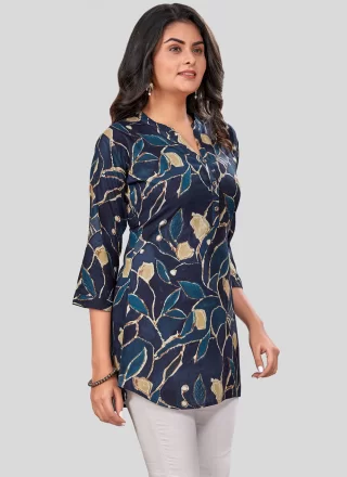 Blue Rayon Print Work Designer Kurti for Casual