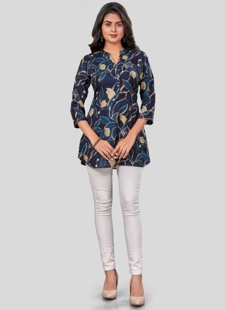 Blue Rayon Print Work Designer Kurti for Casual