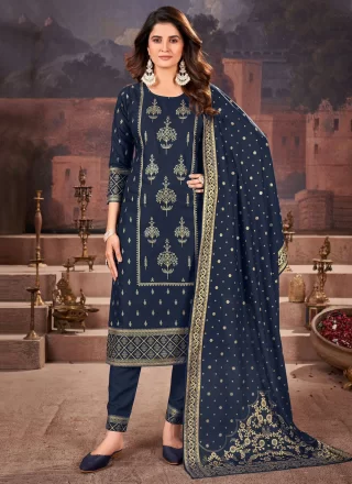 Blue Rayon Trendy Suit with Print Work