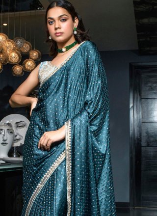 Blue Satin Classic Saree with Floral Patch and Woven Work