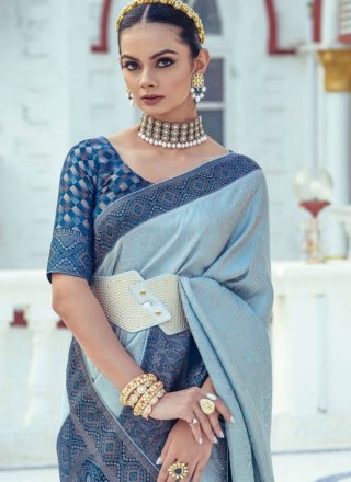 Blue Satin Contemporary Sari