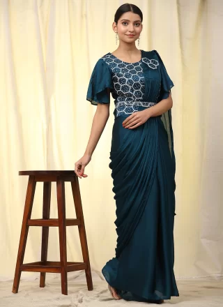 Blue Satin Embroidered and Sequins Work Classic Sari