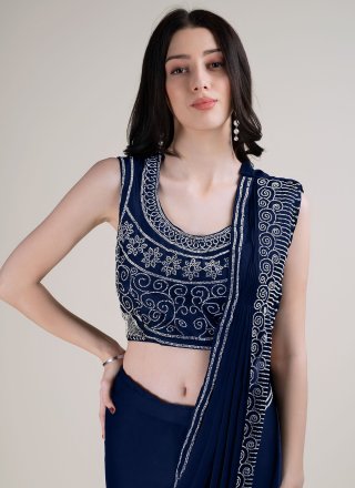 Blue Satin Silk Beads and Stone Work Designer Sari for Ceremonial