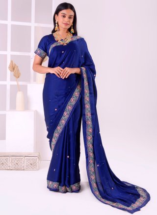 Blue Satin Silk Trendy Saree