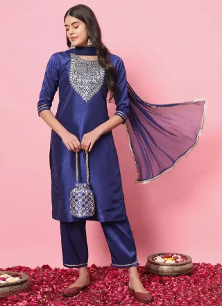 Blue Silk Blend Embroidered Work Salwar Suit for Ceremonial