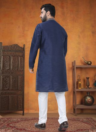 Blue Silk Buttons and Plain Work Kurta Pyjama for Men