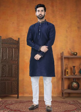 Blue Silk Buttons and Plain Work Kurta Pyjama for Men