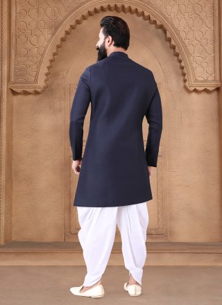 Blue Silk Buttons and Plain Work Sherwani Mens Wear for Ceremonial