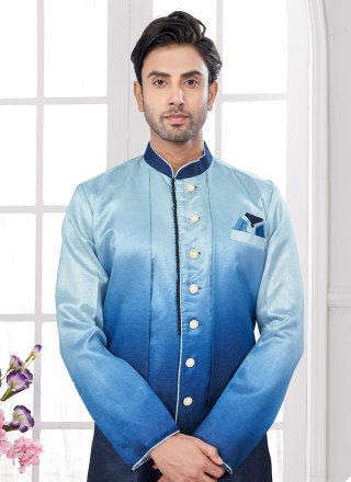 Blue Silk Buttons and Print Work Sherwani Mens Wear