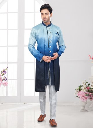 Blue Silk Buttons and Print Work Sherwani Mens Wear