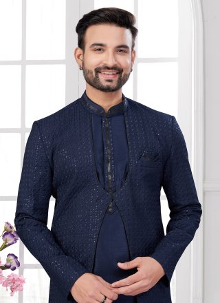 Blue Silk Buttons, Machine Embroidery and Thread Work Sherwani Mens Wear for Men