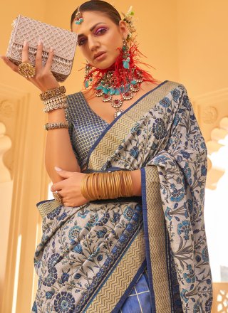 Blue Silk Classic Sari with Print Work for Women