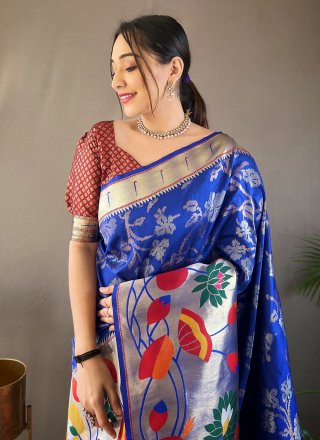 Blue Silk Classic Sari with Weaving Work