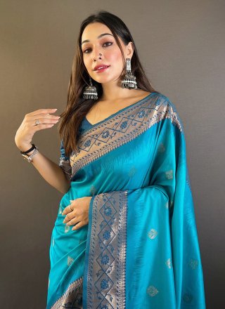 Blue Silk Classic Sari with Weaving Work for Engagement