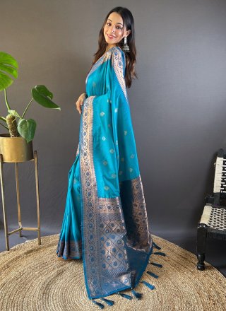 Blue Silk Classic Sari with Weaving Work for Engagement
