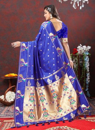 Blue Silk Contemporary Sari with Meenakari and Weaving Work for Ceremonial