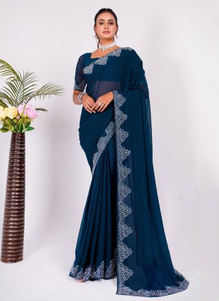 Blue Silk Designer Sari with Embroidered Work for Ceremonial