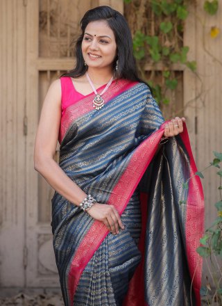 Blue Silk Designer Sari with Jacquard Work for Ceremonial
