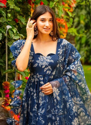 Blue Silk Digital Print Work Gown for Ceremonial