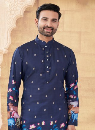 Blue Silk Digital Print Work Kurta Pyjama
