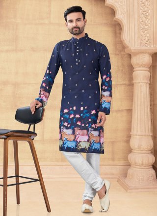 Blue Silk Digital Print Work Kurta Pyjama