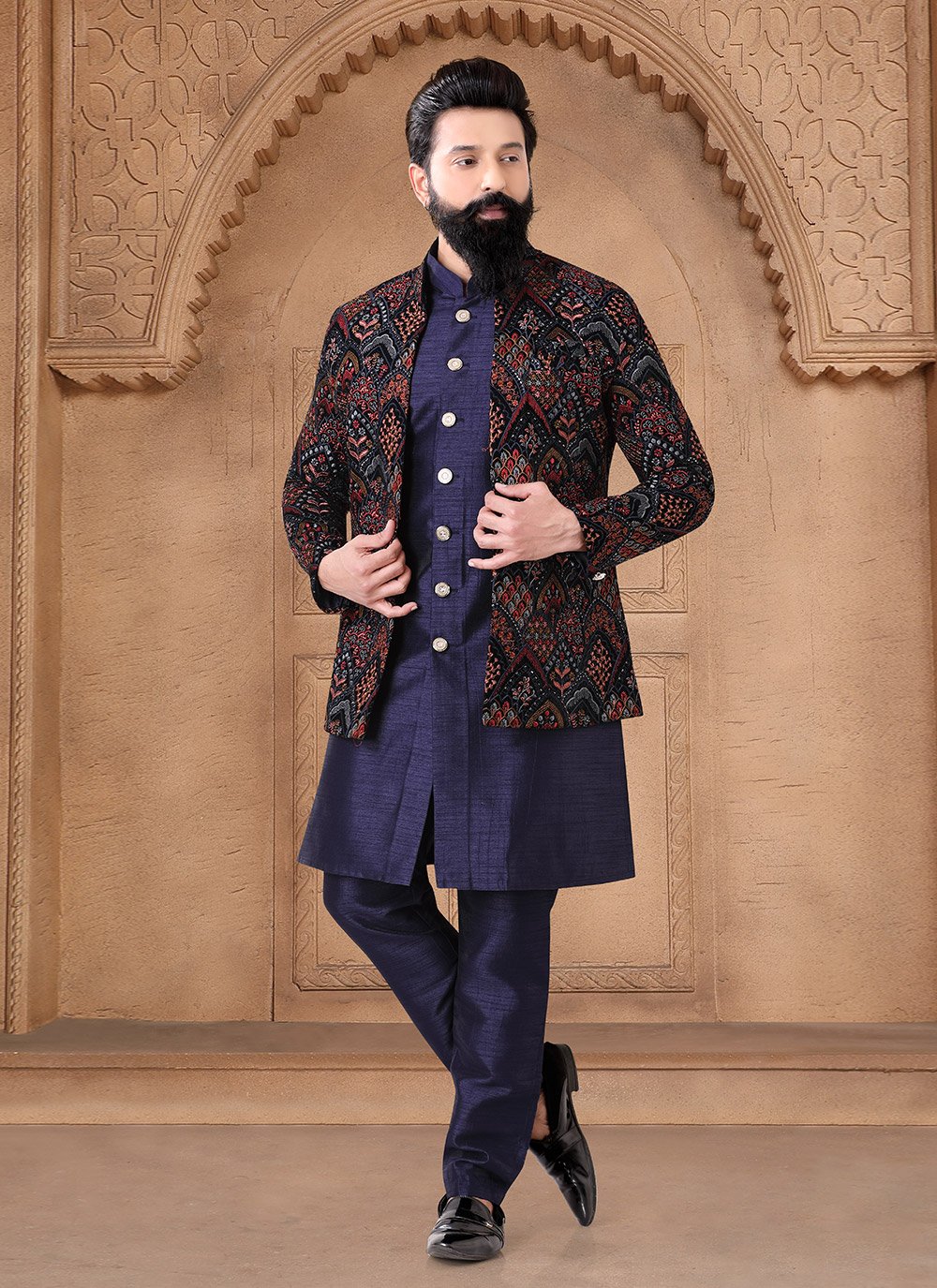For Men New Indo Western Dresses Buy Blue Silk Embroidered