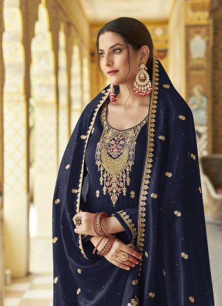 Blue Silk Embroidered, Thread and Zari Work Palazzo Salwar Suit