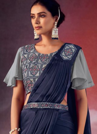 Blue Silk Embroidered Work Classic Saree